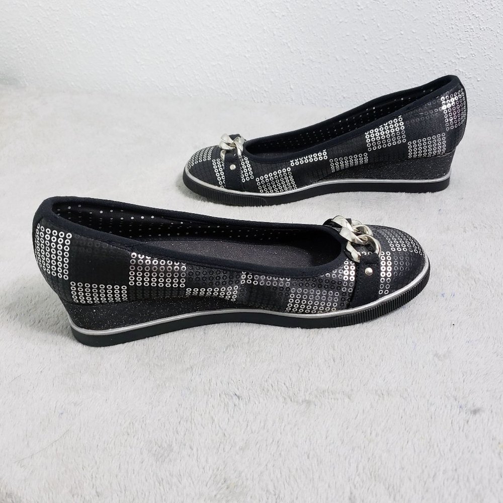 Smartfit Women's Black Silver Slip On Wedges Espadrille Heels Pumps Shoes